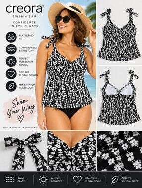 New creora women's XL black floral 2 piece bathing suit top #21